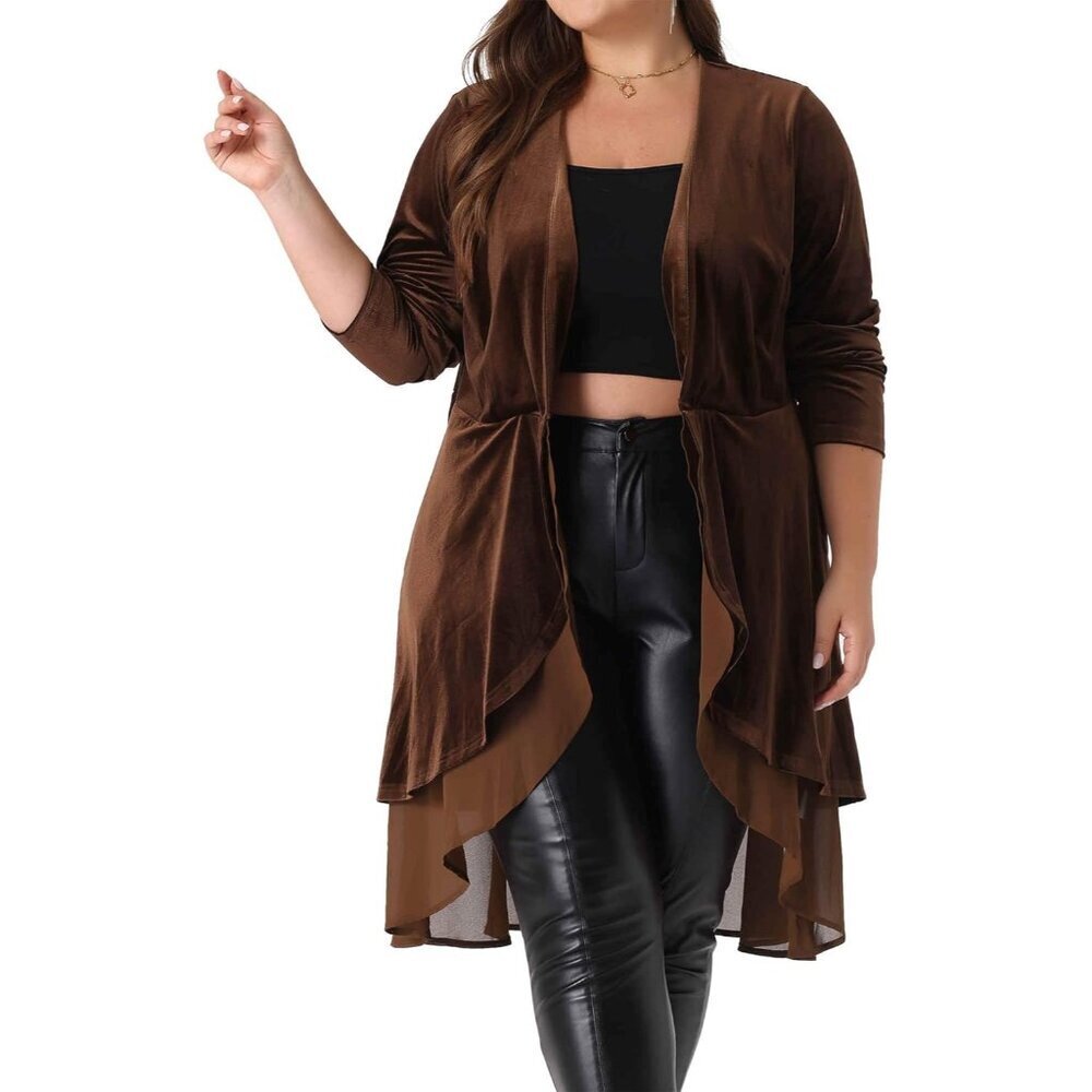 Plus Size Velvet Cardigan Ruffled Open Front Long Sleeve Chic Casual - Picture 2 of 5